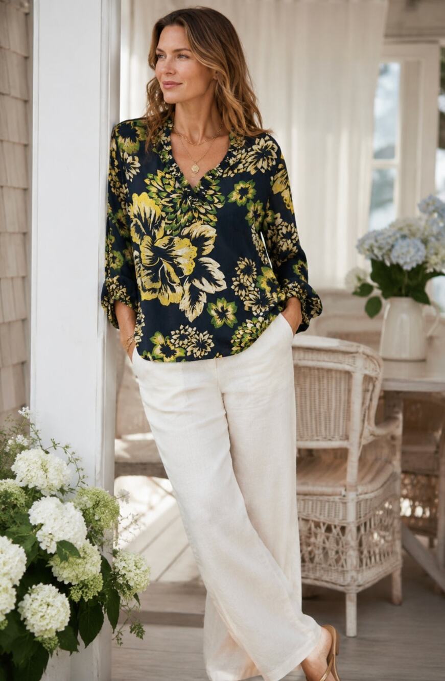 Banana Republic Floral Long Sleeve Bohemian Minimalist Coastal Grandma Blouse